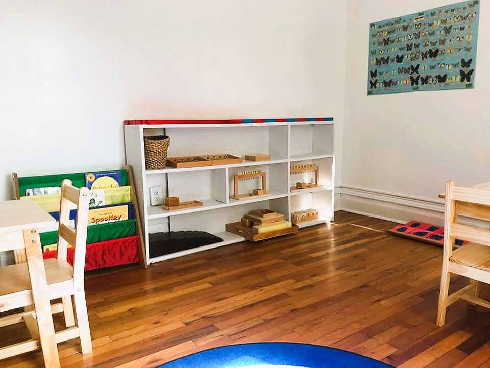 shelf with Montessori math materials